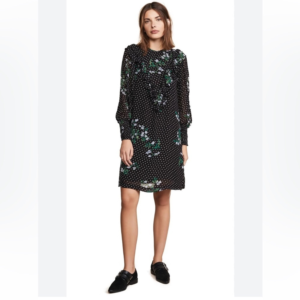 Ganni Rometty Georgette Polka Dot Floral Midi Dress Long Sleeve Black Size U.S 6